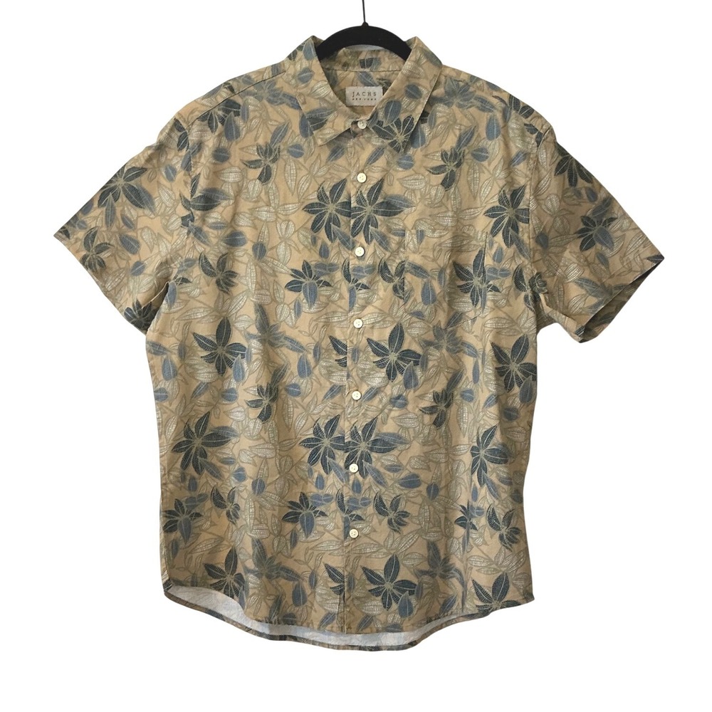 Jachs NY Khaki Blue Leaf Print Cotton Rayon Short Sleeve Button Down Shirt L
